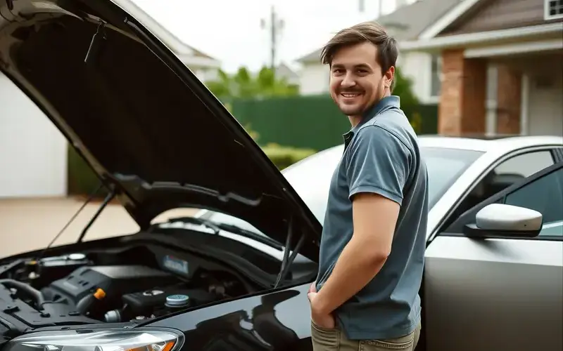 Car owner checking vehicle under hood